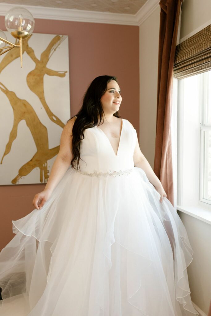 beautiful woman smiling in wedding dress